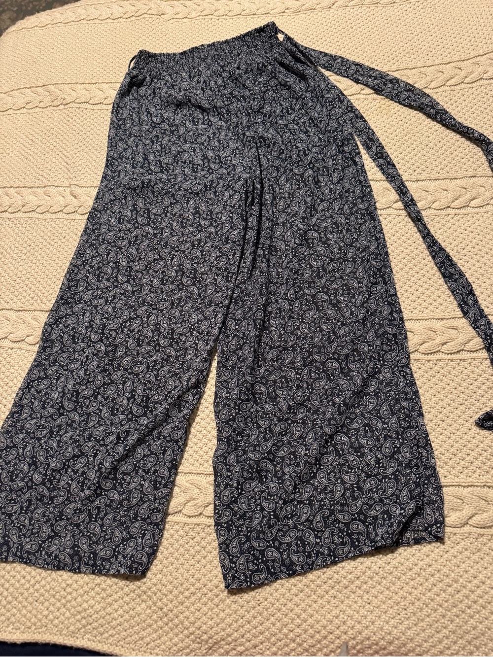 She + Sky Navy and White Paisley Wide Leg Pants with Tie Waist